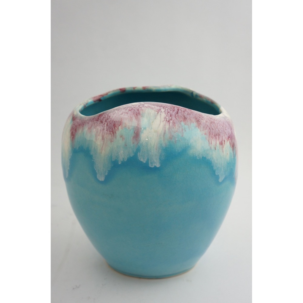EUC RRP Co Roseville Pottery Vase Turquoise Blue Purple Pink Gloss Drip Glaze 8"